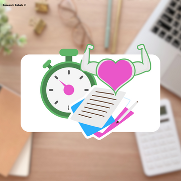 The image features a stopwatch, a powerful heart symbol and organized documents, highlighting the importance of structured scheduling, personal commitment and organized materials for efficient thesis writing.