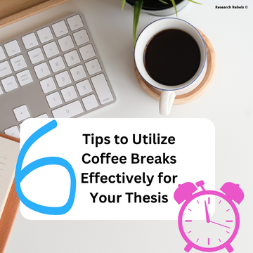 The picture shows a full coffee cup, a keyboard and an alarm clock icon, which illustrate that coffee breaks can be used effectively to concentrate on your thesis and write productively.