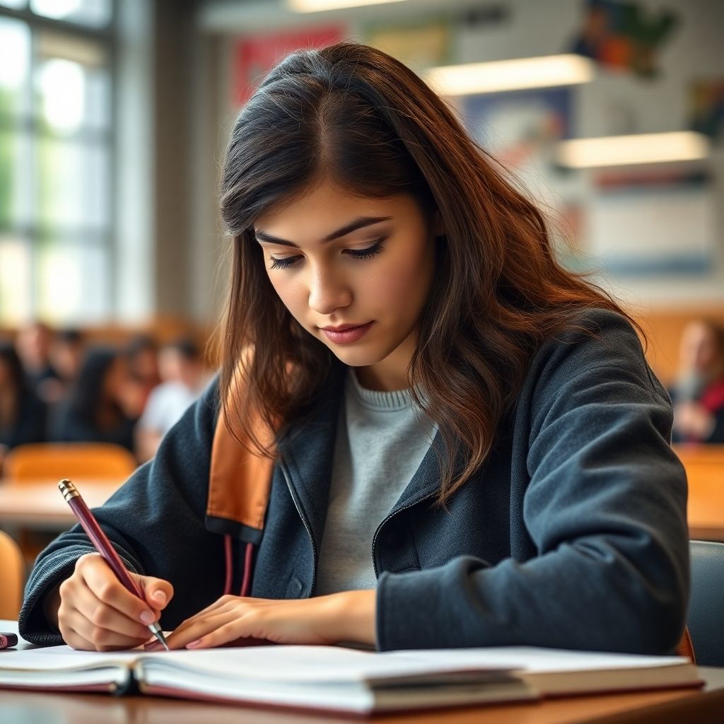 कॉलेज का छात्र एक रंगीन वातावरण में लिख रहा है।