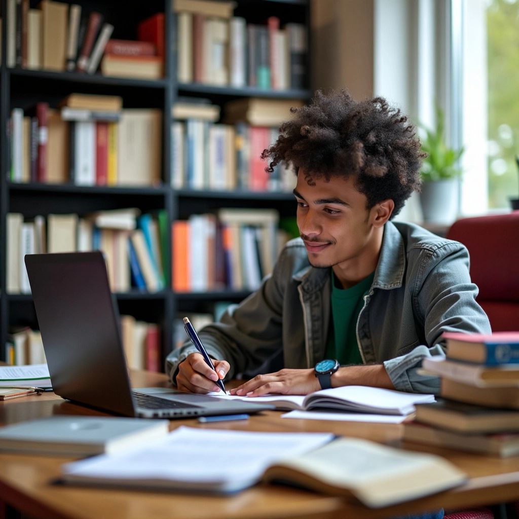 Étudiant rédigeant une thèse dans un cadre universitaire coloré.