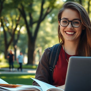 University student in a vibrant campus with books and laptop.