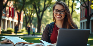 University student in a vibrant campus with books and laptop.