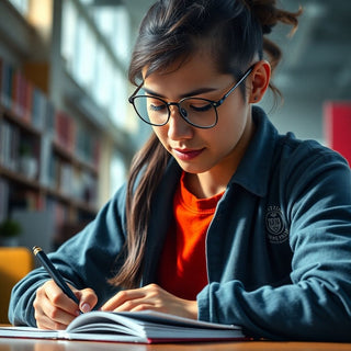 Estudante universitário escrevendo em um ambiente colorido.