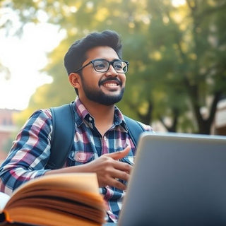 Estudiante universitario en un entorno académico vibrante.
