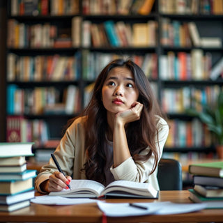 Estudante ponderando tese vs dissertação na universidade.