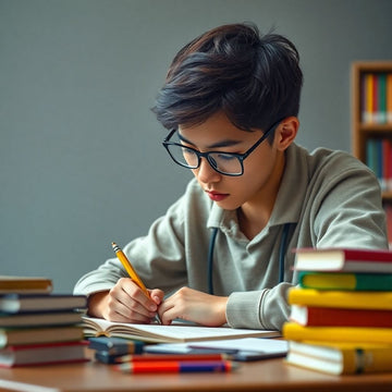 University student writing at a colorful desk.