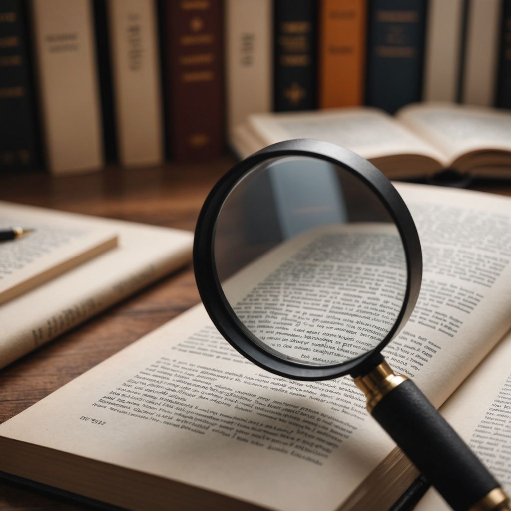 Magnifying glass over book with research papers