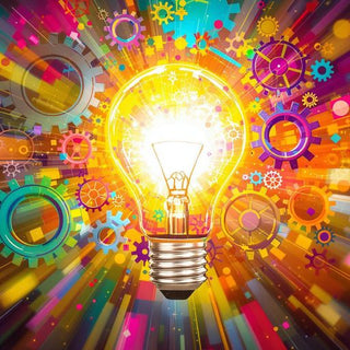 Bright light bulb with colorful gears around it.