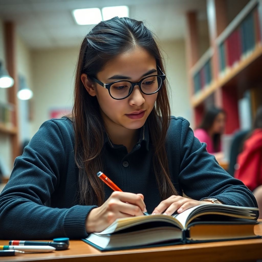 Estudante universitário escrevendo em um ambiente colorido.