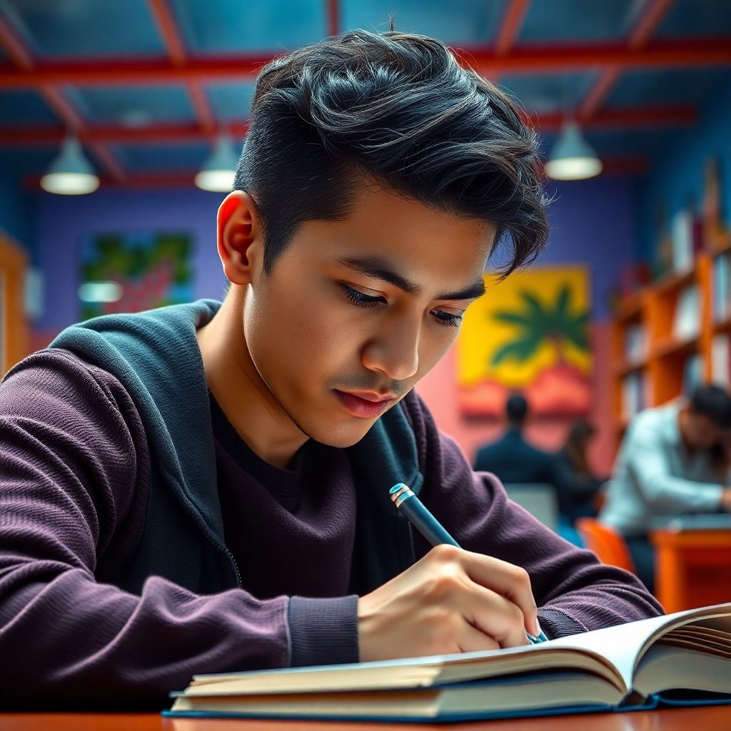 University student writing in a vibrant study environment.