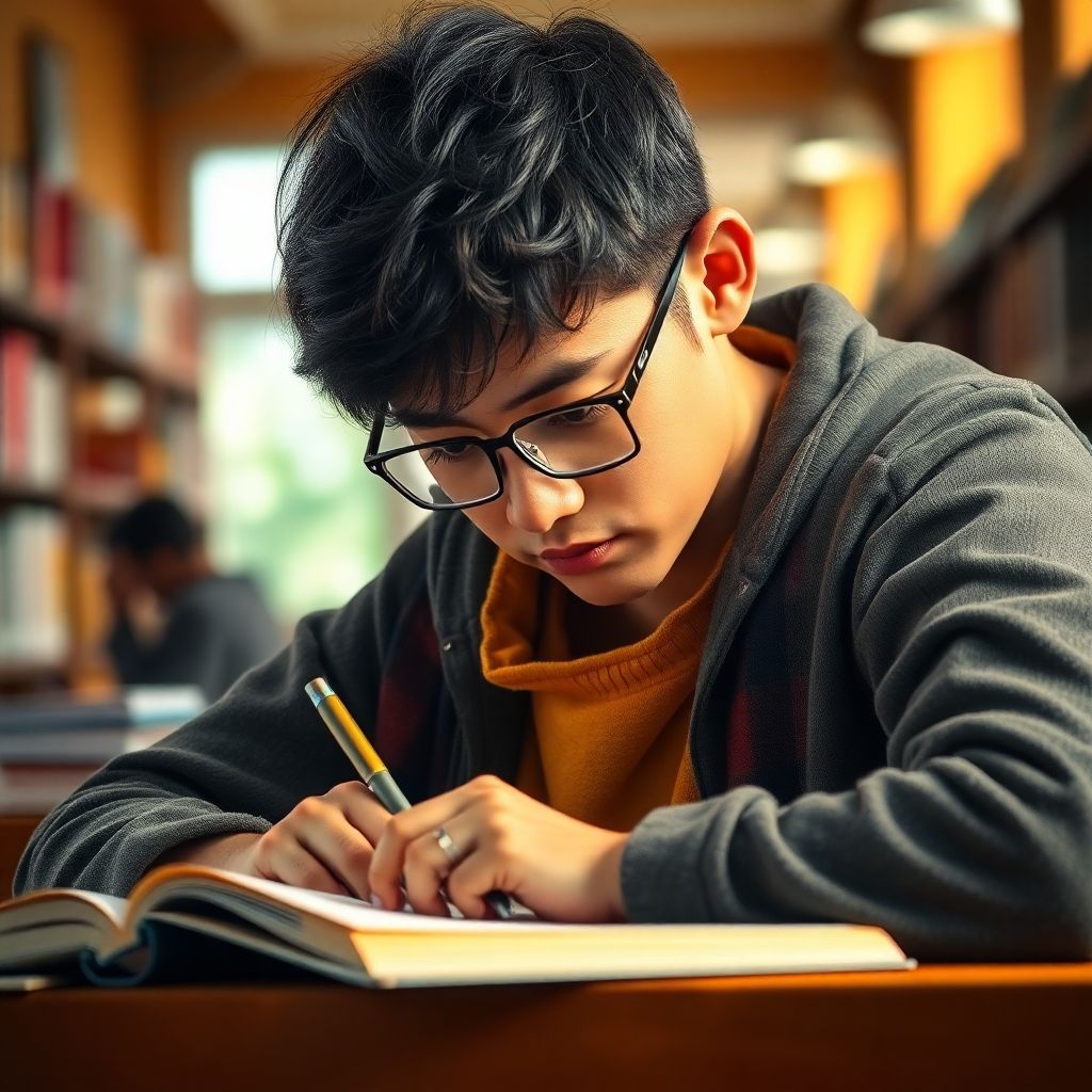 Estudante universitário lendo em um ambiente colorido.