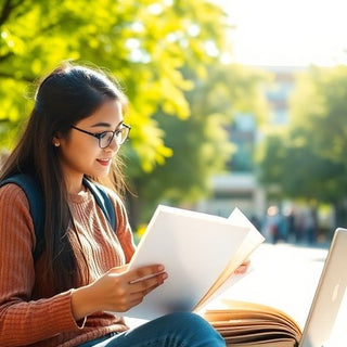 University student in a dynamic campus environment with books.