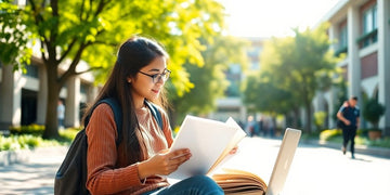 University student in a dynamic campus environment with books.