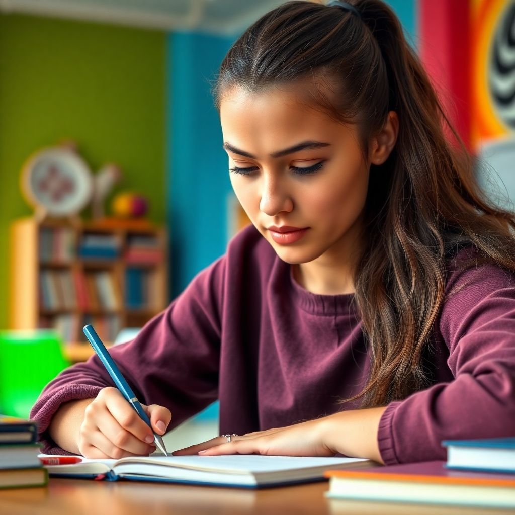 Estudante universitário escrevendo em um ambiente colorido.