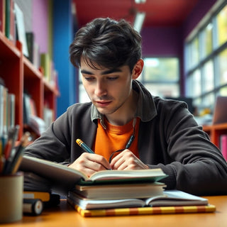 University student writing in a vibrant study environment.