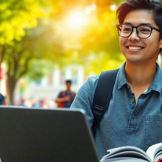 University student studying in a lively campus environment.