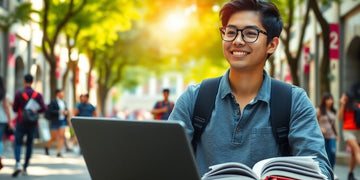 University student studying in a lively campus environment.