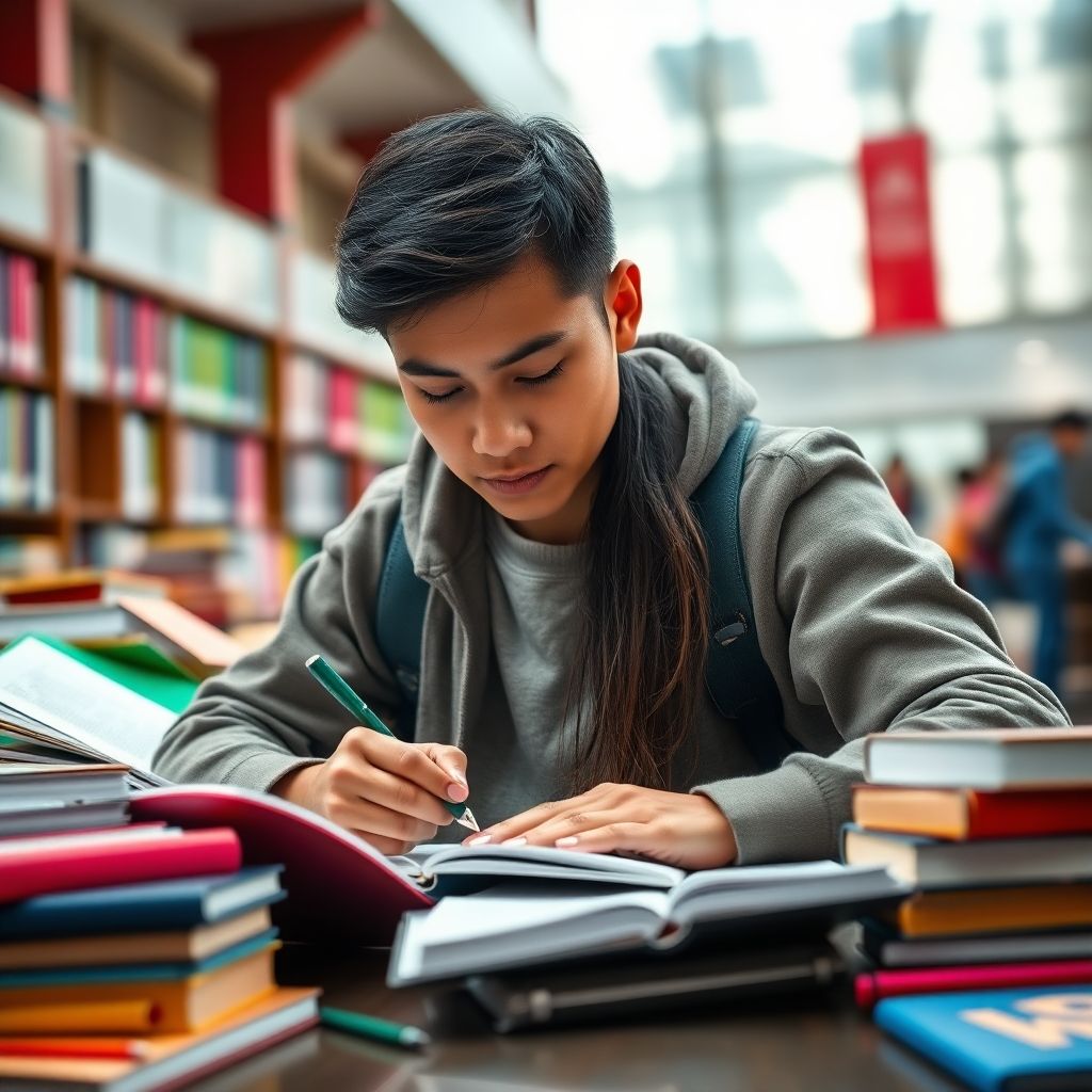 Estudante universitário concentrado na escrita.