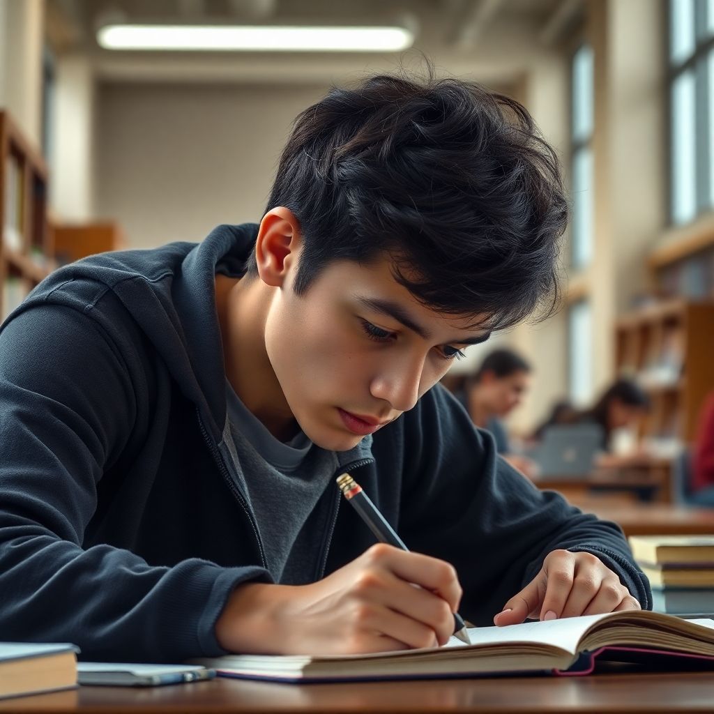 University student writing in a vibrant, colorful setting.