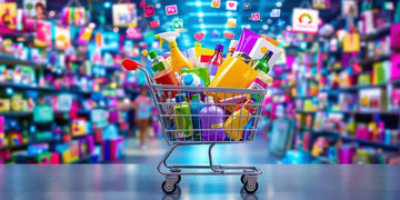 Shopping cart filled with products in a digital marketplace.