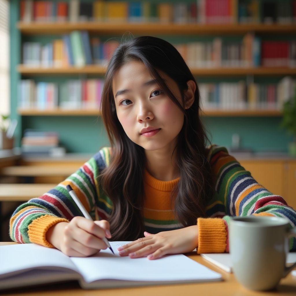 Realistic image of a student writing in a vibrant study space.