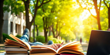 University student studying in a vibrant campus setting.