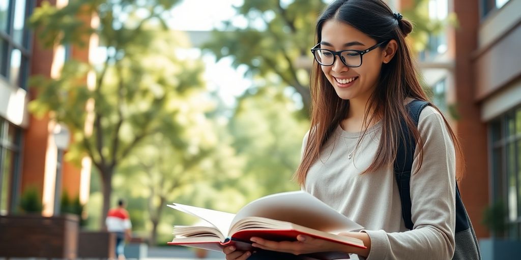 University student studying on a lively campus with books.