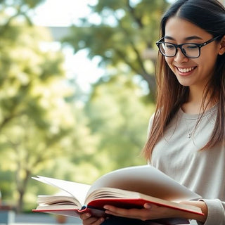 University student studying on a lively campus with books.