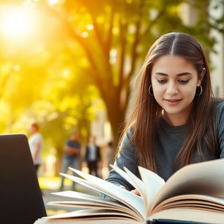 University student studying in a vibrant campus setting.