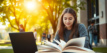 University student studying in a vibrant campus setting.