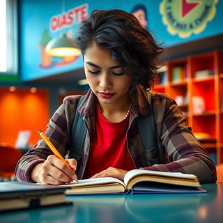 University student writing in a vibrant study environment.