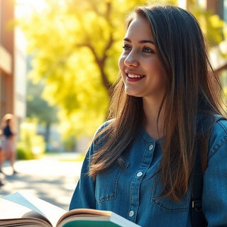 University student in a vibrant campus environment with books.