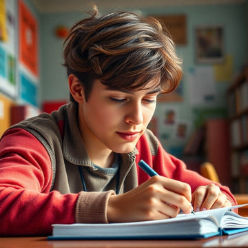 University student writing in a colorful study environment.