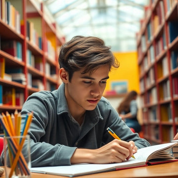 University student writing in a vibrant study environment.