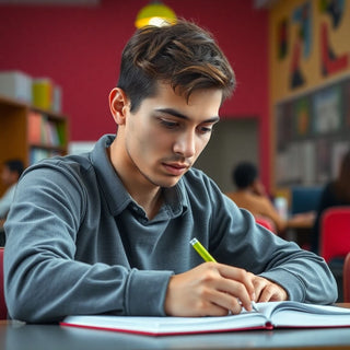 Estudante universitário escrevendo em um ambiente vibrante.