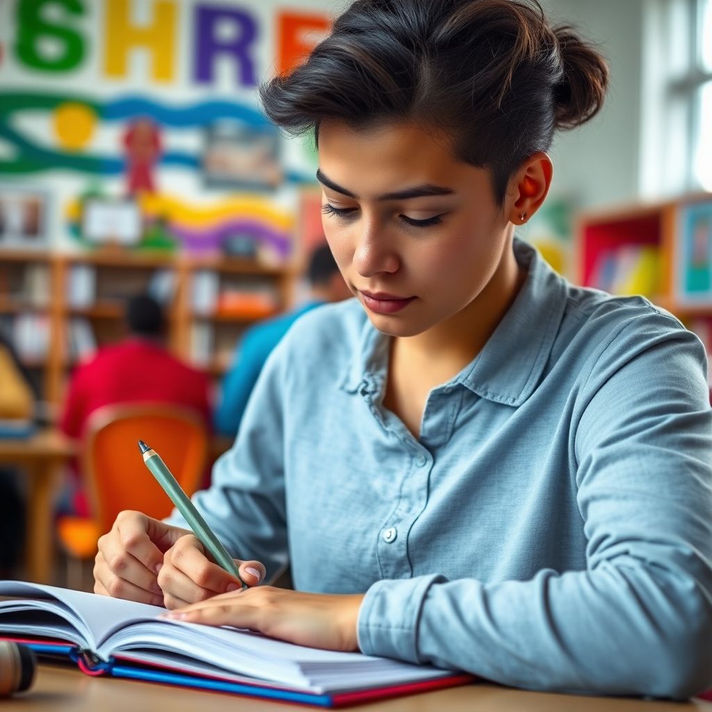 University student writing in a colorful study environment.