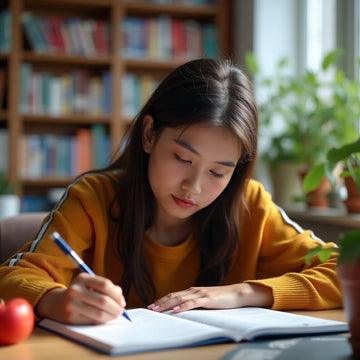 University student writing in a vibrant environment.