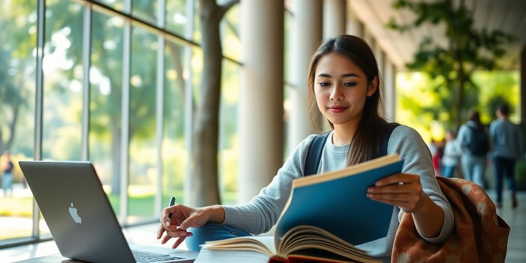 University student studying in a vibrant campus environment.