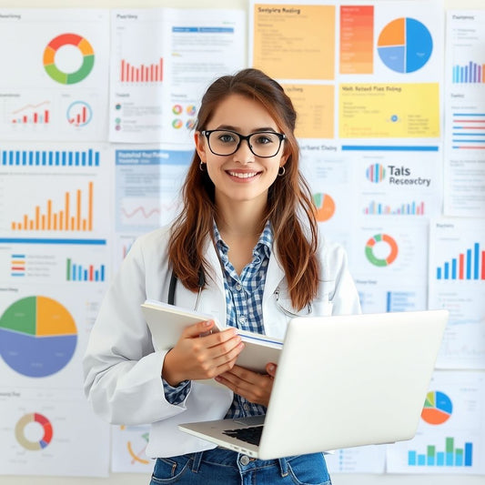 Joven investigador con cuaderno y computadora portátil, gráficos coloridos.