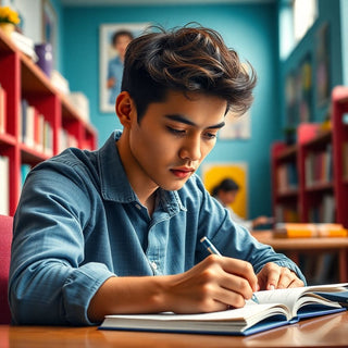 University student writing in a colorful study environment.