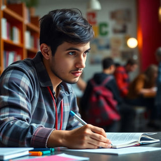Estudante universitário escrevendo em um ambiente vibrante.