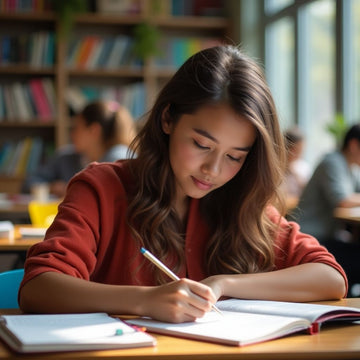 Estudante universitário escrevendo em um ambiente vibrante.