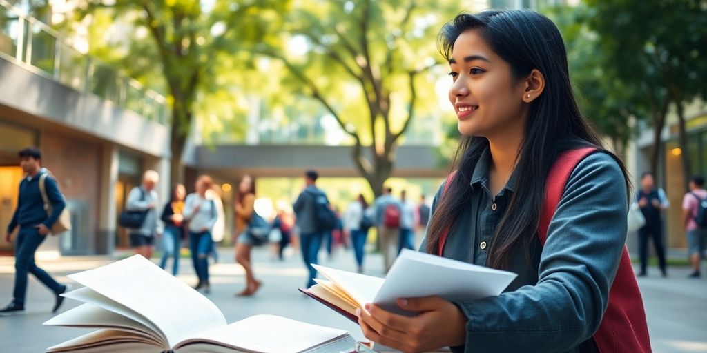 University student in a vibrant campus setting with books.