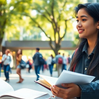 University student in a vibrant campus setting with books.