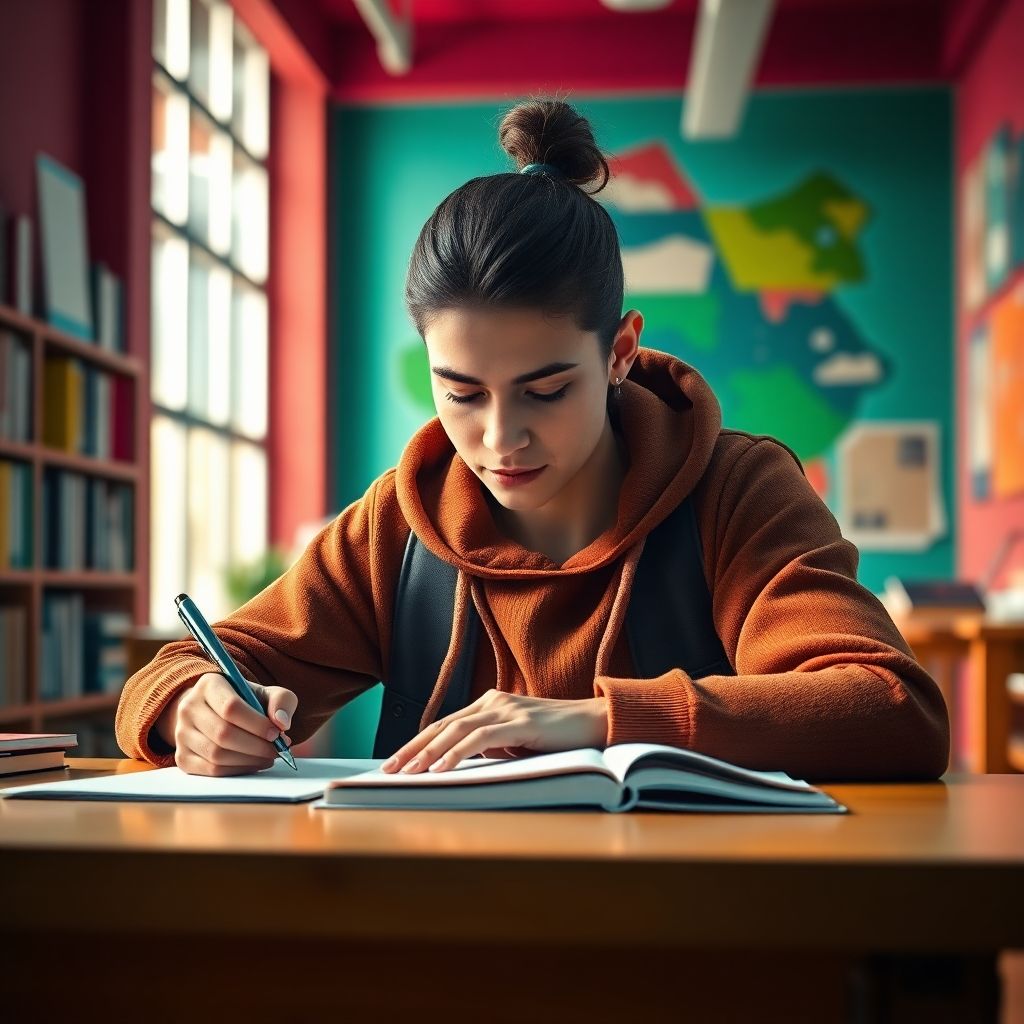 University student engaged in writing in vibrant study space.