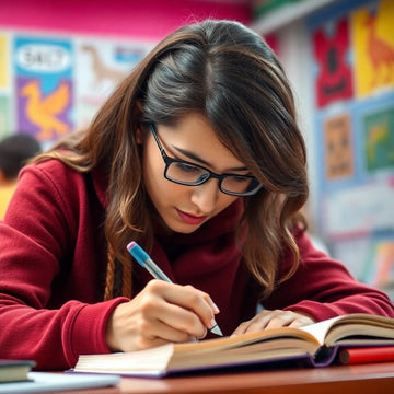 University student writing in a vibrant study environment.