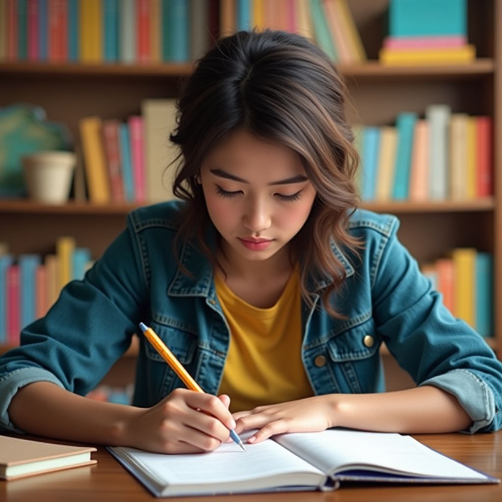 Mahasiswa universitas menulis di lingkungan yang penuh semangat.