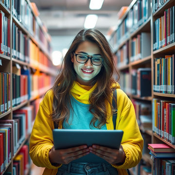 Mahasiswa di perpustakaan dengan buku dan laptop