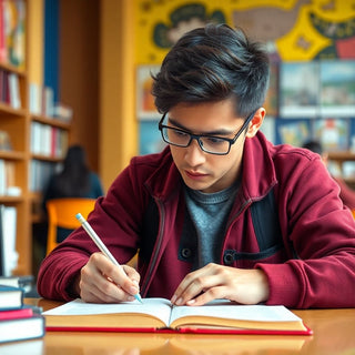 University student writing in a vibrant study environment.