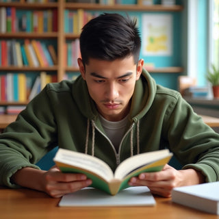 University student reading in a vibrant study environment.